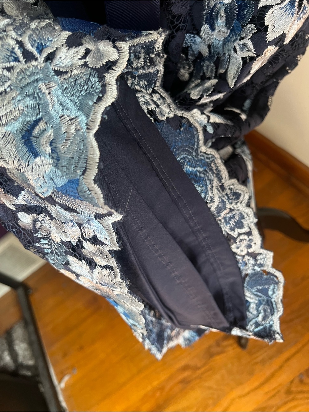 Adrianna Papell Navy Plus Size Maxi Gown with Blue Floral Embroidery - Picture 5 of 11
